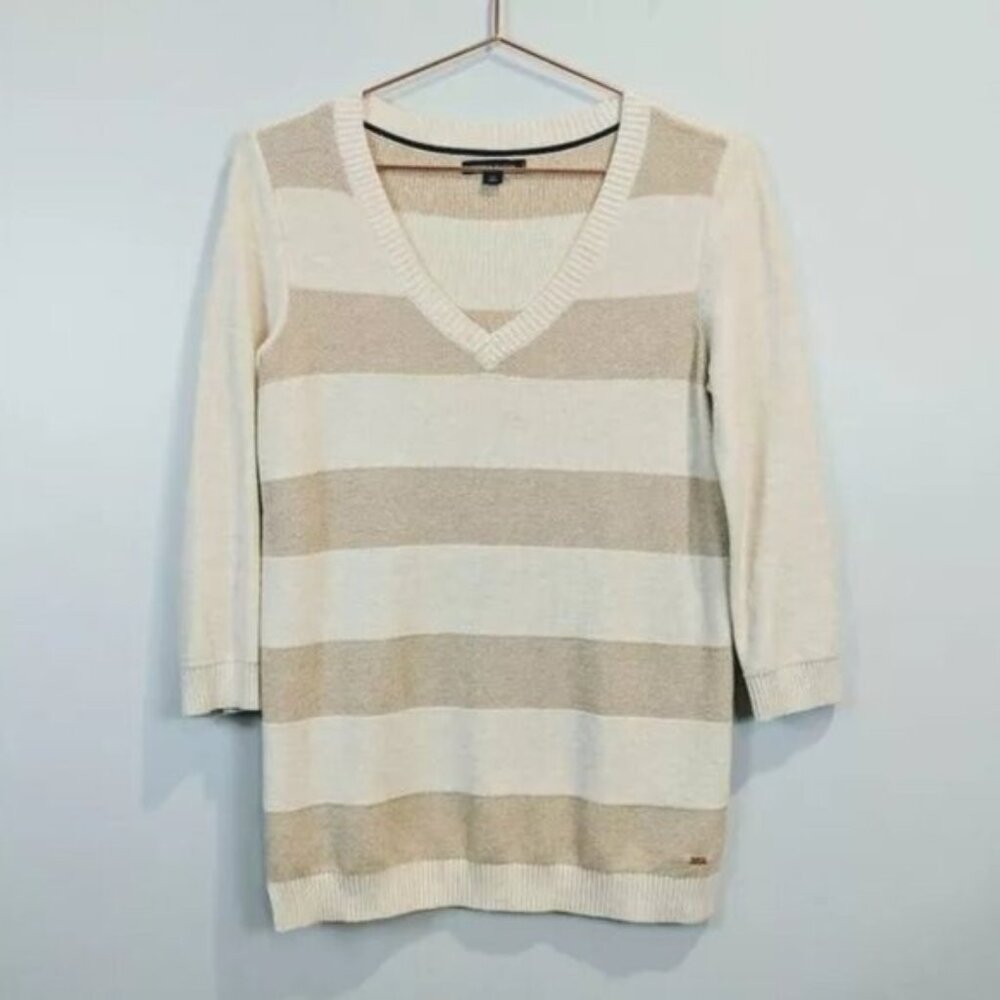 Tommy Hilfiger | V neck Horizontal Striped sweater Cream Tan